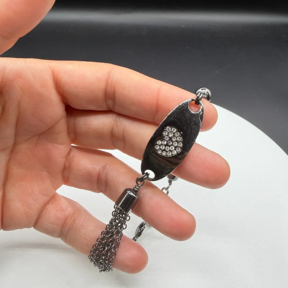 Rhinestone Heart Silver Tone Multi Strand Chain Bracelet Romantic Y2K Love Gift